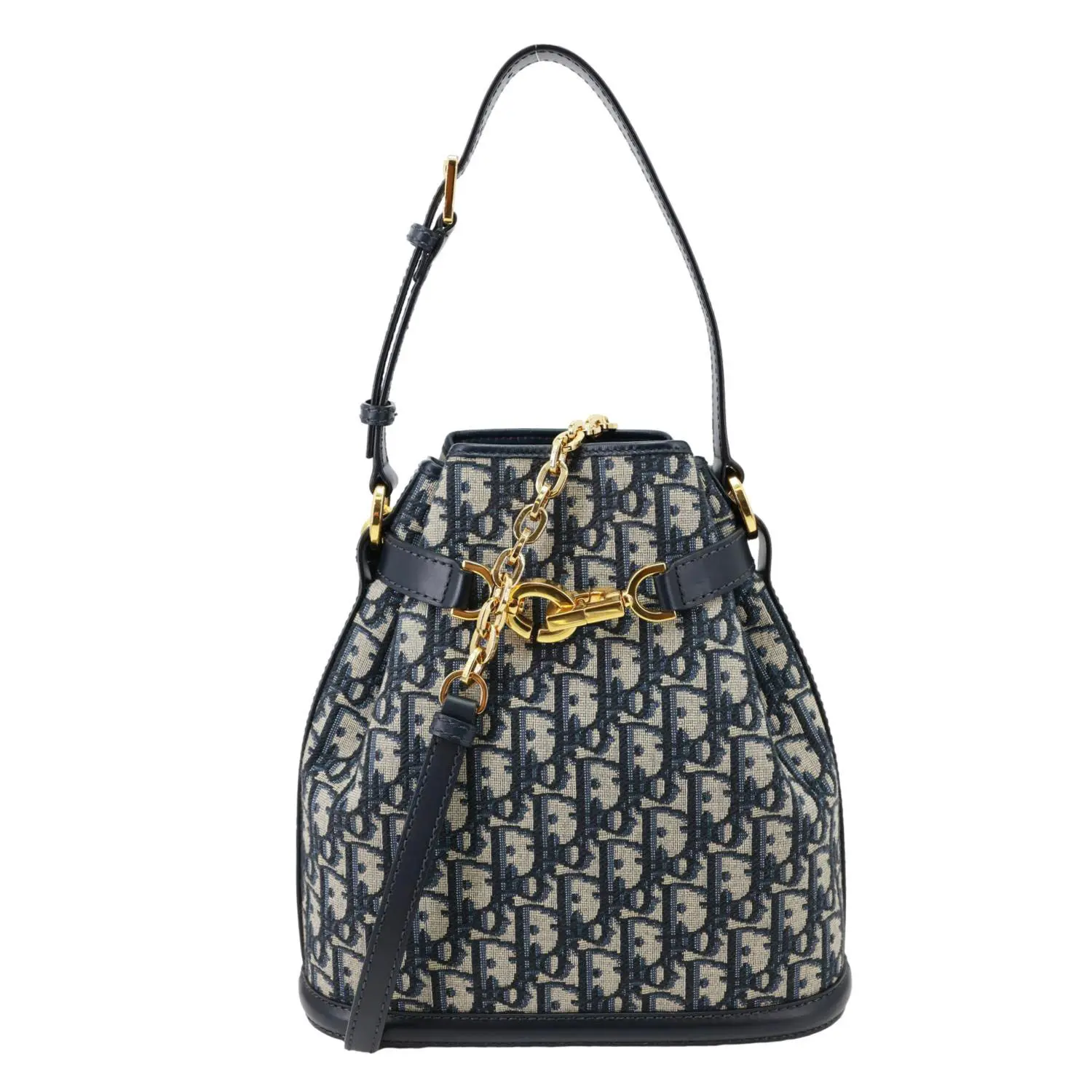 Pre-owned Dior Leather Shoulder Bags Christian C'est Medium Oblique Calfskin Bucket Bag Navy Blue