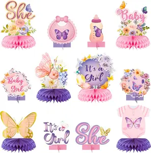 12pcs Butterfly Baby Shower Party Honeycomb Table Centerpieces, It's a Girl Purple and Pink Decorations for Baby Girl Gender Reveal Party, Birthday Floral Butterflies Table Toppers