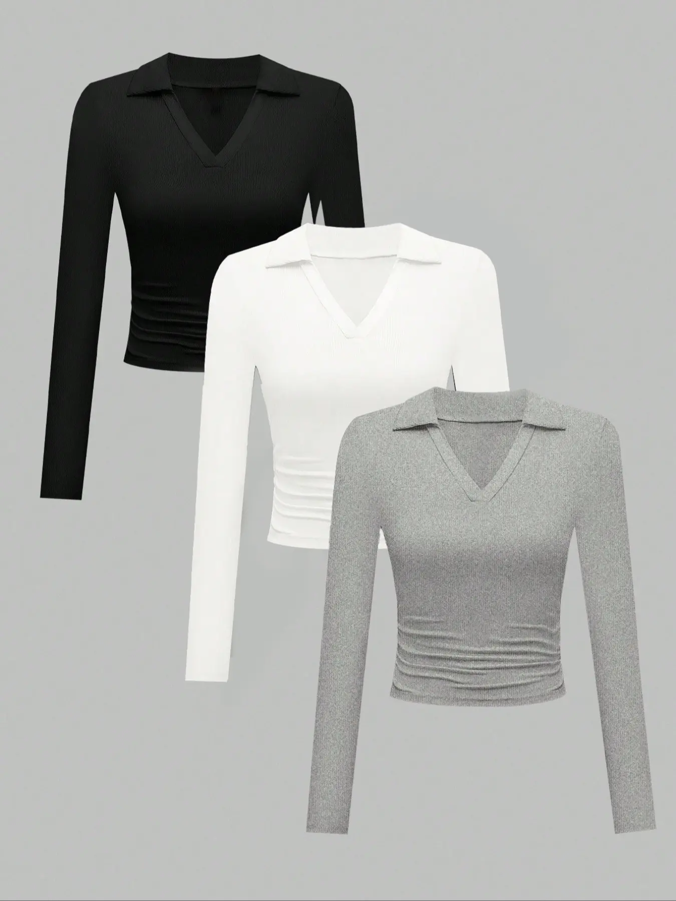 Fashion New Women's Solid Color Long Sleeve T-Shirt, Elegant Casual V-Neck Top, Ladies Three-Piece Set, Stylish and Comfortable