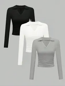Fashion New Women's Solid Color Long Sleeve T-Shirt, Elegant Casual V-Neck Top, Ladies Three-Piece Set, Stylish and Comfortable