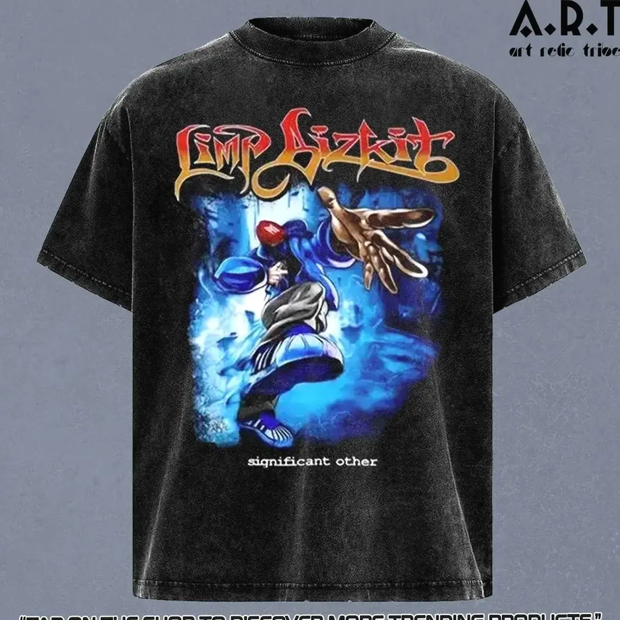 Men's Retro Pattern Washed T-Shirt - Soft Cotton Crew Neck T-Shirt, Limp Bizkit Design, Loose Fit Short Sleeve Shirt Casual Wear, Black Wash Tee Shirt, All-Season TShirt | Casual Style Shirt BLI