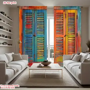 2D Flat 2Pcs Bohemian Colorful Shutter Print Window Drapes for Living Room, Bright & Vibrant Art Curtains Bedroom, Semi-Sheer Panel Decor, Aesthetic Home, Rod Pocket Design, Net Curtains Window