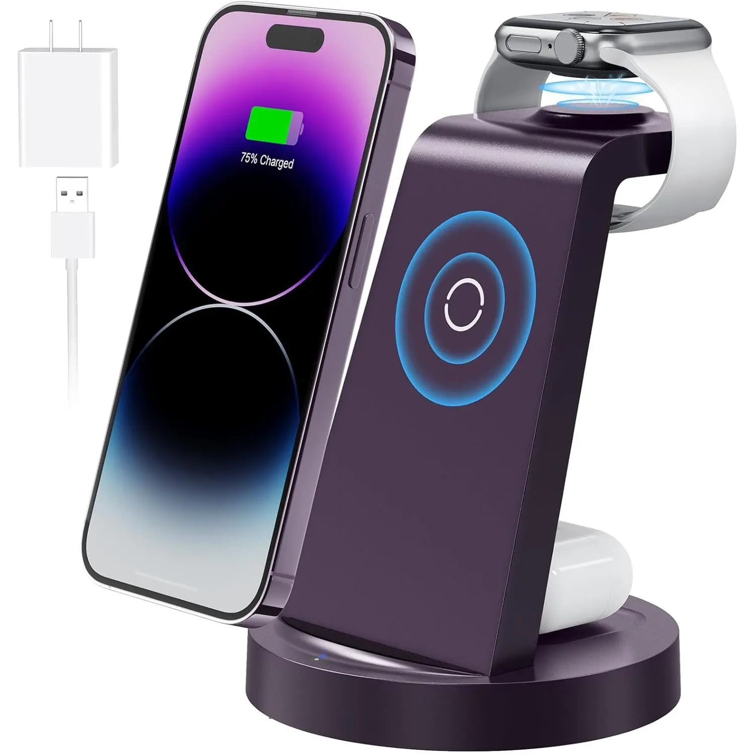 3 in 1 Charging Station for  Device, Wireless Charger for iPhone 16 15 14 13 12 11 Pro Max &  Watch iwatch- Charging Stand Dock for AirPods (Purple)