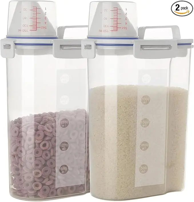 2 Pcs 5.5 LB Rice Storage Container, Airtight Cereal Flour Dispenser with Pouring Spout & Measuring Cup, Kitchen Plastic Clear Dry Food Storage Bin for Grain Oatmeal Snacks Pet Dog Food Set Utensils
