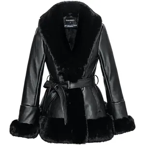 Women's Faux Leather Jacket with Faux Fur Collar, Winter Long Sleeve Furry Trim Peplum Parka Coat with Belt