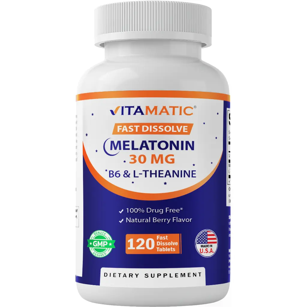 Vitamatic 30mg Melatonin Dietary Supplement with B6 & L-Theanine - US-Made, Gluten-Free, 120 Natural Berry Fast Dissolve Tablets - 2-Tablet Dose=60mg Melatonin, Natural Vitamins, Stress Relief, Sleep Support, Wellness Supplement
