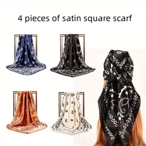 Set of 4 Head Scarves for Women Satin Hair Scarf 35In Large Square Bandana Silky Like Neck Scarf Shawl
