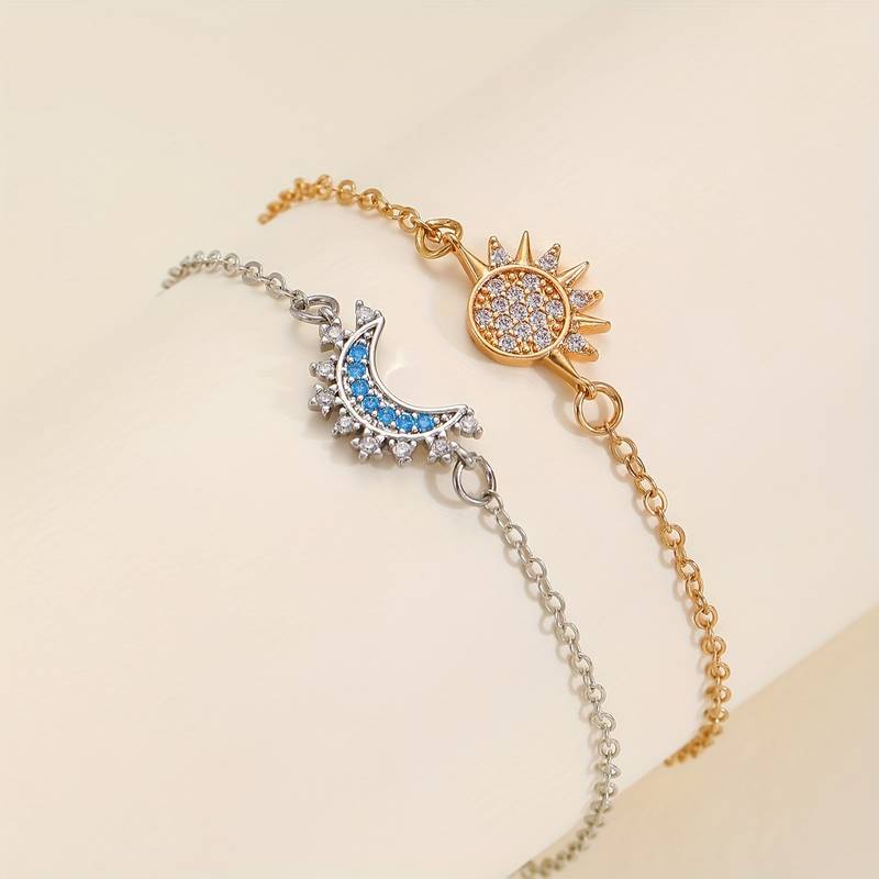 Sun and Moon Bracelets for 2 Matching Best Friend Bracelets Set Stack 14K Gold Plated Silver Charm Friendship Bracelets for Women Couples BFF Jewelry Gift