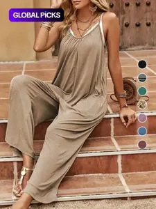 Women's Plain Ruched Pocket Backless Cami Baggy Chic Jumpsuit, Casual Adjustable Strap Wide Leg Jumpsuit for Daily Wear, Ladies Clothes for All Seasons
