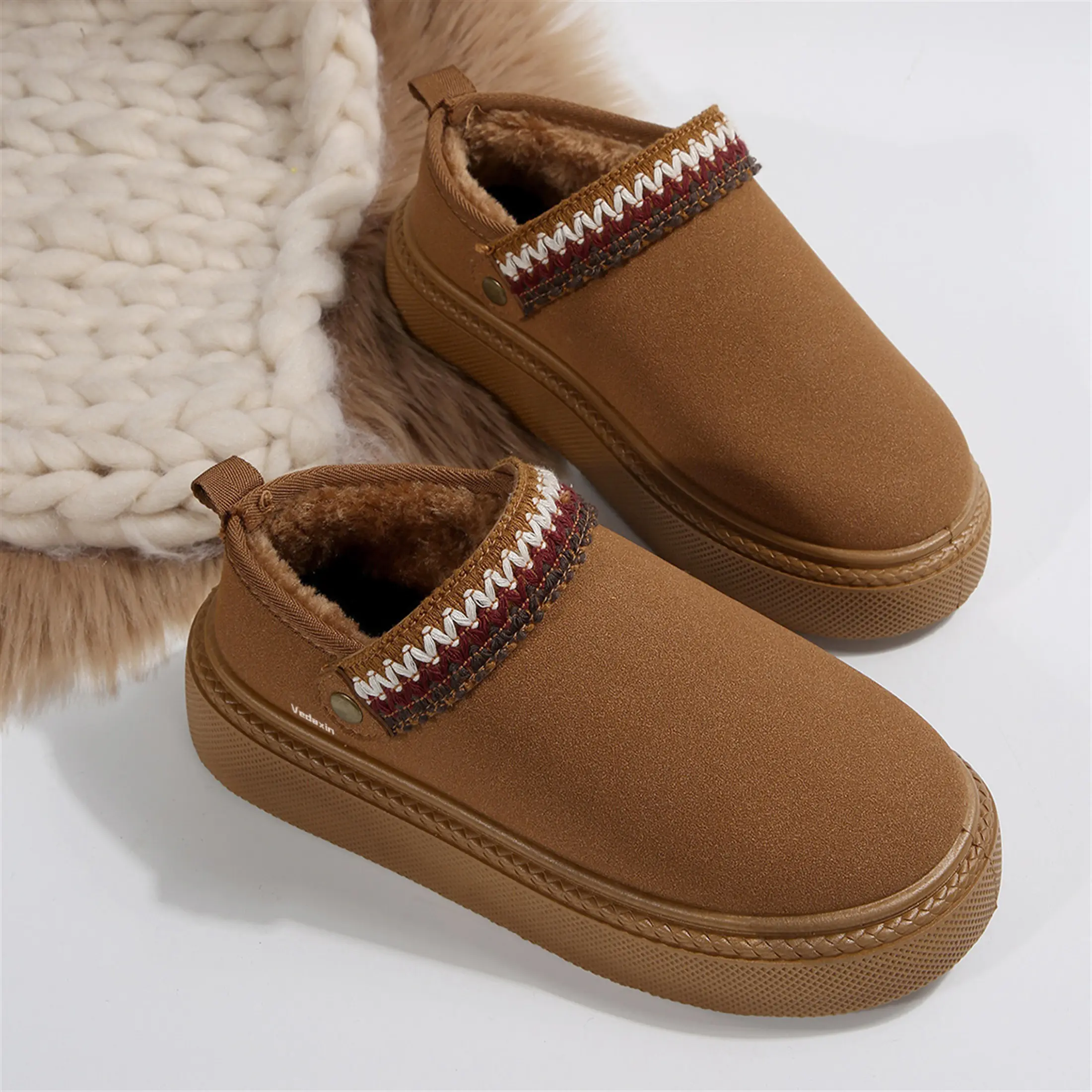 Women's Fashion Bohemian Slip-Ons Plush-Lined Loafers Mini Snow Boots with Colorful Stitching Indoor Outdoor Shoes  for Winter