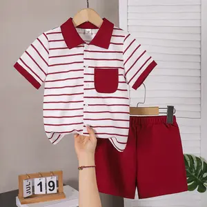 Ready Stock 4-7Y Boys' Comfy Striped Set Short Sleeve Button Down Polo Shirt & Shorts, Great for School Days & Lazy Weekend Fun 12502100