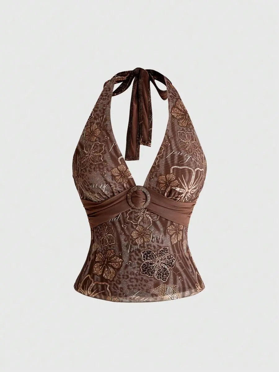 ELARIA Avant Y2K Hibiscus Print Halter Neck Backless Camisole For Women, Vacation Island Style