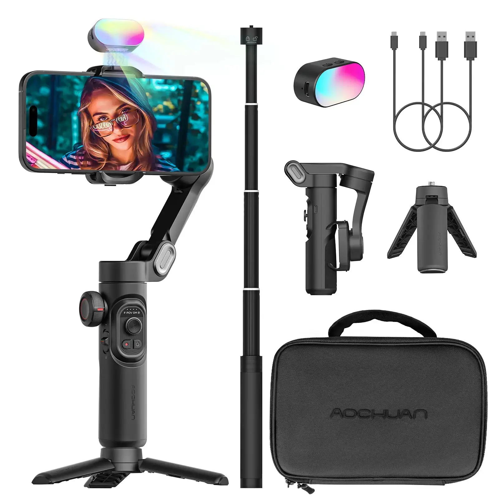 AOCHUAN Smart XE Combo Phone Gimbal Stabilizer with Extension Rod 3-Axis Phone Gimbal Stabilizer For iphone and Android phone