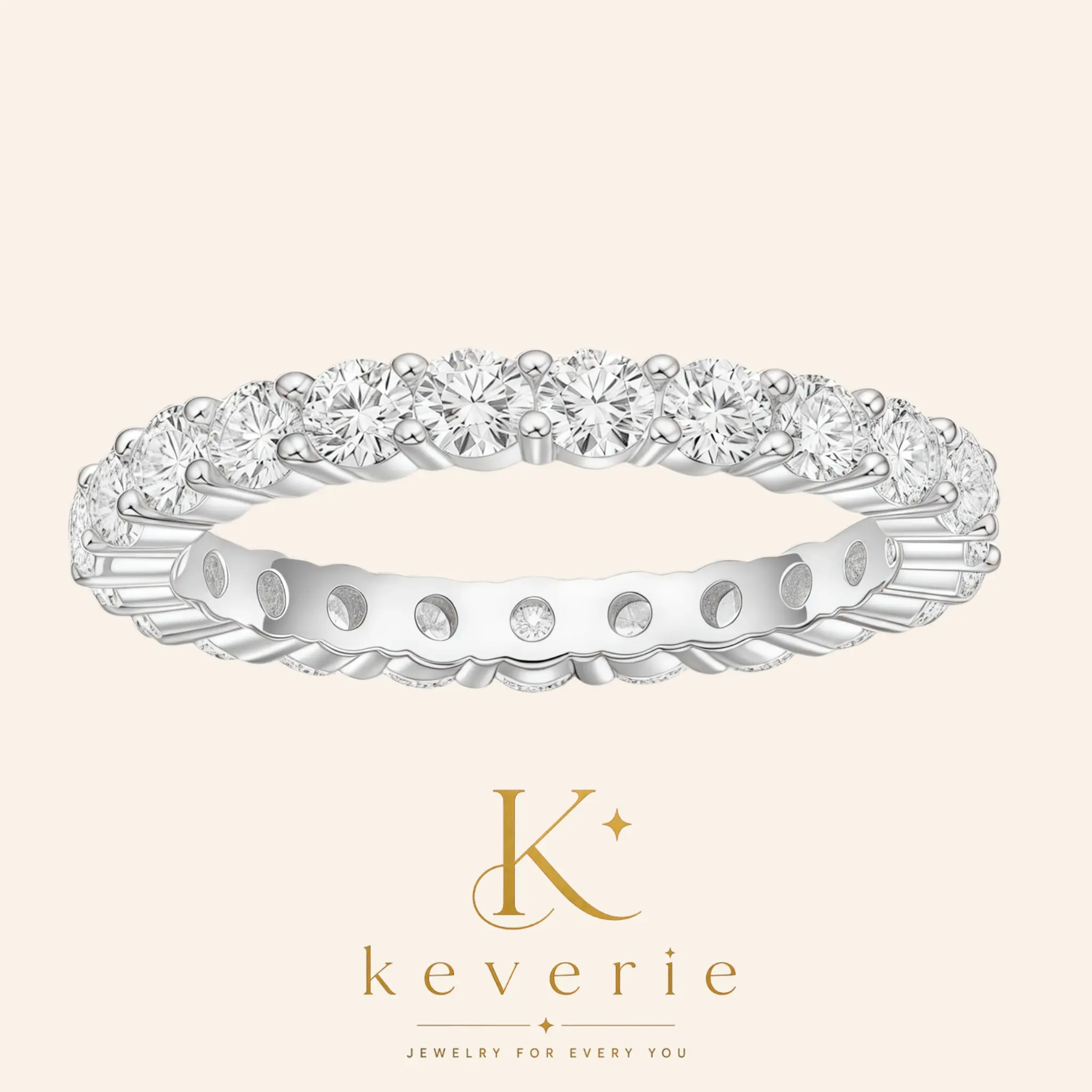 Keverie Eternity Ring for Women 14K Gold Plated Cubic Zirconia Stackable Rings AAAA Stones 3mm Band Width Versatile Stylish Gift Wedding Bands