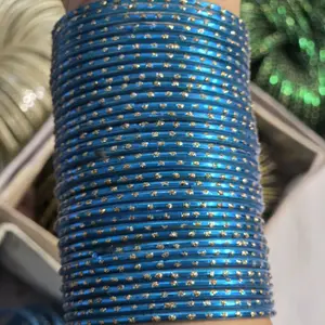 Traditional Style Glass Bangles Limited Stock Size 2.8 with Elegant Blue Finish and Golden Accents