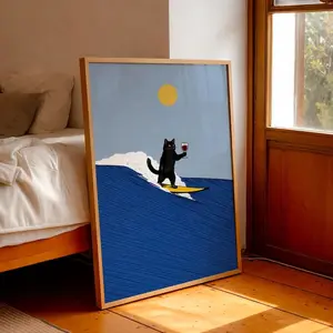 [SALE UP TO 50% + FREE SHIP] Black Cat Surfing Poster, Mid Century Modern Wall Art, Funny Cat Drinking Wine Print, Retro Surf Decor, Quirky Animal Art, Minimalist Gift
