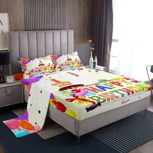Feelyou Happy Birthday Theme Breathable Bedsheet Sets - Balloon Print Bedding Set with Deep Pockets Fitted Sheet, Cake-Inspired Colorful White Room Decor Sheets