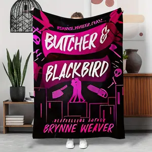 1Pc "Butcher & Blackbird" Book-Themed Flannel Blanket - Soft, Oversized, Pink & Black Design With Silhouette Illustration - Perfect For Sofa, Bed, Office Naps, Camping, And All-Season Comfort, Cozy