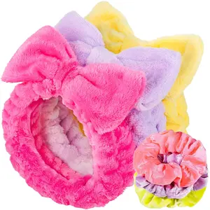 Headband for  Care and Makeup, Women Teen Girls Headband for Washing , With Hair Scrunchies, Rose Red & Yellow & Purple