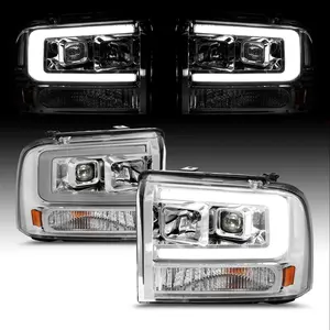 AmeriLite for 2005-2007 Ford F250 F350 F450 Superduty | 05 Excursion C-Type LED Tube Square Projector Chrome Headlight Pair - Passenger and Driver Side