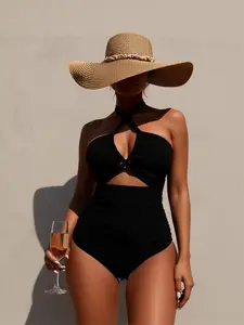 Halter Push Up Black One Piece Swimsuit, High Waist Tummy Control Monokini Bathing Suit, Solid Slim Swimwear For Women Beach Vacation