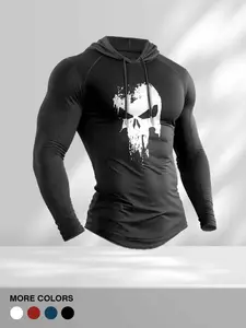 Men's Casual Hooded Long Sleeve Fitted Graphic T-Shirt, Comfortable Cotton Tee for Daily Wear, Stylish Design for Spring & Fall Seasons