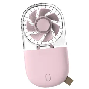 Portable Handheld Fan Mini Desk Foldable Necklace USB Rechargeable Personal Fan Transparent Pink