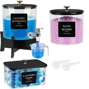 Liquid Laundry Detergent Dispenser, Laundry Room Organization Laundry Pods Container & Dryer Sheet Holder with Lids & Labels, Fabric Softener Dispenser for Detergent Powder Dryer Balls Beads