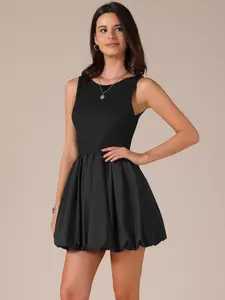 INSPIRE CHIC Women's Sleeveless Mini Dress Crew Neck Backless Sundress Summer Bubble Dresses Black