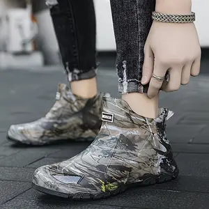 Unisex camouflage waterproof rain boots -durable, slip-resistant short ankle boots foroutdoor work, fishing, and gardening,featuring a reinforced rubber sole and pulltab design; orthotic closed-toe dancewalking footwear