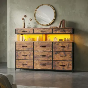 Rust Brown Modern Dresser, Remote Control LED Ambient Light with 10MM Acrylic Panel, Built-in Charging Hub with AC & USB Ports, 12 Zoned Fabric Drawers, Multifunctional Storage Cabinet for Home Bedroom