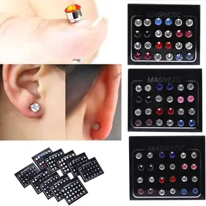 24Pcs/Set 3/4/5/6/7mm Non-Piercing Crystal Round Ear Stud Unisex Stainless Steel Round Magnetic Clip On Stud Earrings