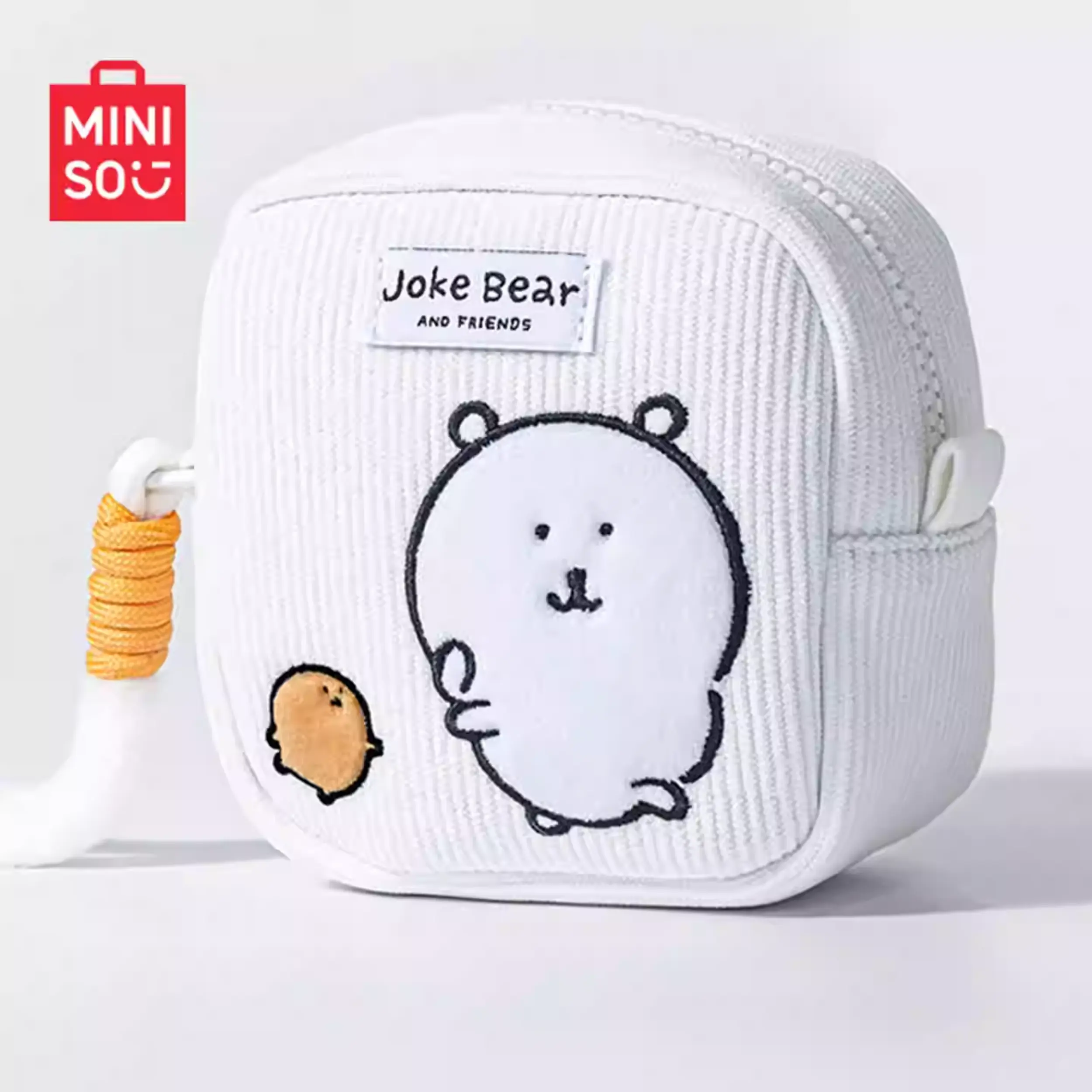 MINISO Kawaii Look Animal Joke Bear Zippered Storage Pouch - 5.3 in x 5.3 in Durable Eco-Friendly Plush Fabric White Hangable Makeup Bag with Carry Strap, Home Organizer for Cosmetics Earbud Holder, Teen Gift