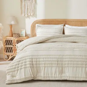Boho Comforter Set  Size, Beige Tufted Striped Bed Set 3 count, Soft  Farmhouse Comforter for All Seasons, Boho Home Decor,Fluffy Jacquard Bedding with 2 Pillow Shams