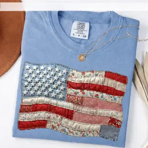 Comfort Colors Faux Quilted American Flag Shirt, Vintage Patchwork Patriotic, 4th of July Sublimation Graphic Cottagecore USA