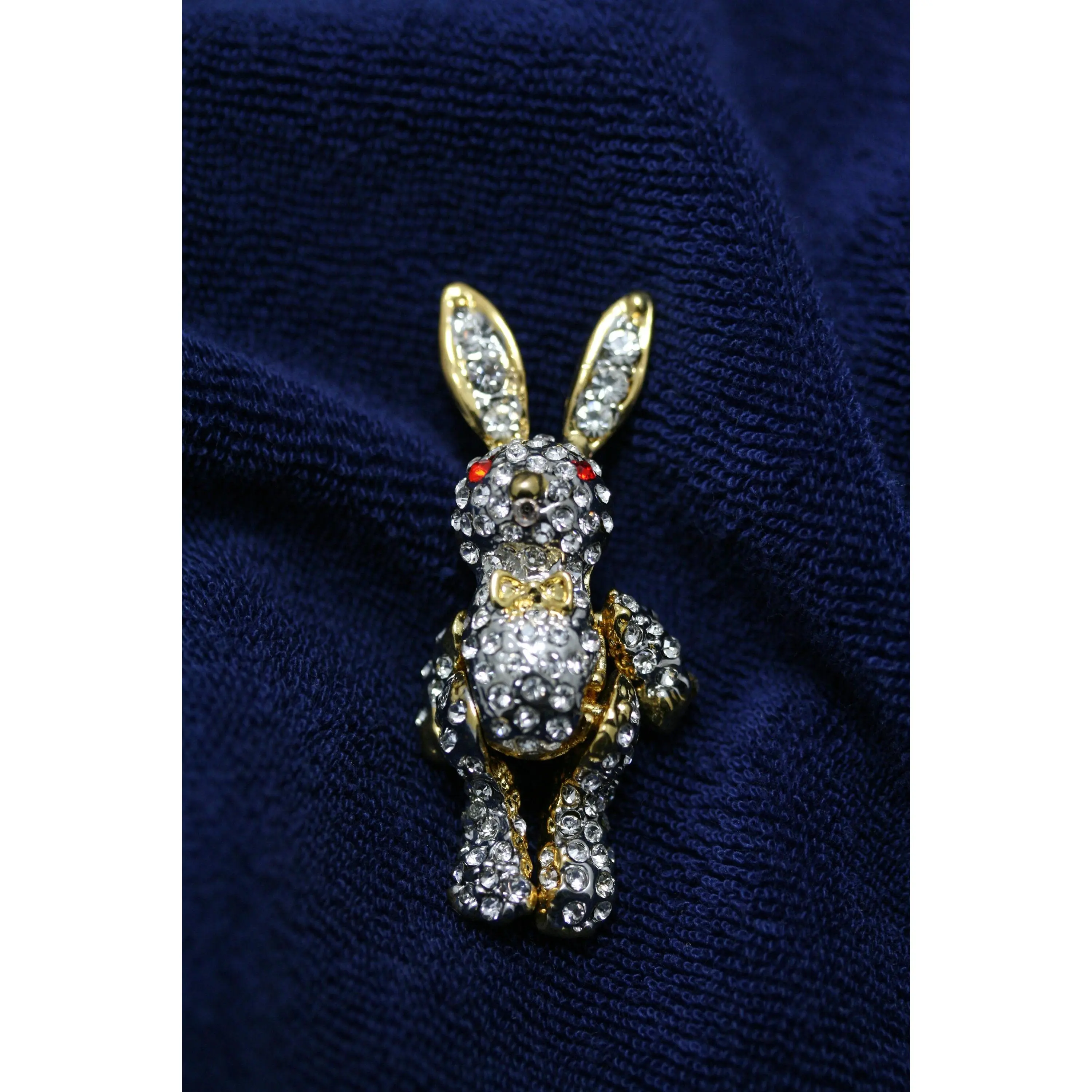 Gold Rhinestone-Crystal Stones Easter Bunny Rabbit Pin Brooch, 1.85"x0.75" Fashion Clothing Accessory with Moveable Legs-Arms, Sparkling Look Bunny Shape Animals Jewelry Gift for Special Occasions, Moveable Limbs