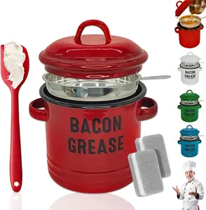 46 Oz Bacon Grease Container with Strainer and Food-Grade Silicone Spatula, Enamel Bacon Grease Saver with Strainer/Lid, Vintage Farmhouse, Filtering Out Impuritie Yield Pure Oil, No More Mess