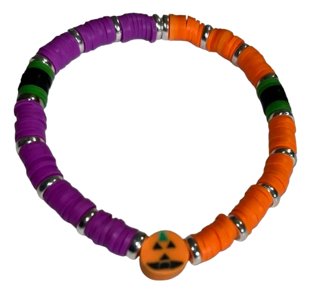 Orange and Purple Clay Beaded Bracelet With A Pumpkin Charm Halloween Accessory