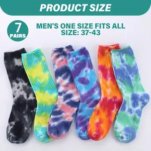 7 pairs of tie dye round socks, fashionable mid tube socks, hip-hop street style socks, men's and women's socks, spring and summer sports travel socks
