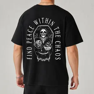 "Find Peace Within The Chaos" Graphic T-Shirt - Inspirational Skull Art Statement Top - Edgy Urban Streetwear Aesthetic Apparel - Soft Breathable Cotton Shirt - Unique Professional Detail Crew Neck Tee