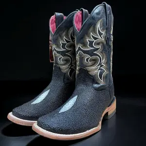 Men’s Stingray Fish Skin Boots. Men’s Western Cowboy Boots. Black Leather Western Boots. Square Toe Cowboy Boots. Botas De Piel Mantarraya.