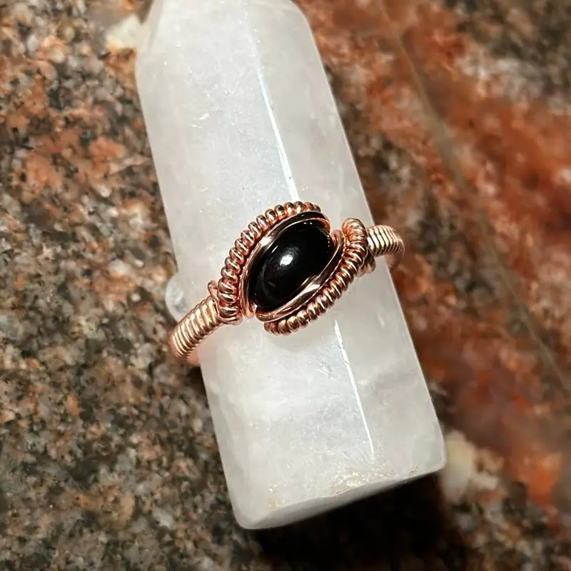 Wire-Wrapped Ring with Copper Setting and Black Onyx Cabochon