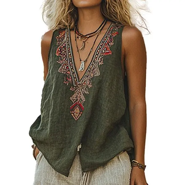 Chvity Mexican Embroidered Tops for Women Summer Floral Sleeveless Boho Tops Casual V Neck Peasant Blouse Loose Tank Tops Vneck Womenswear Bohemian Clothing