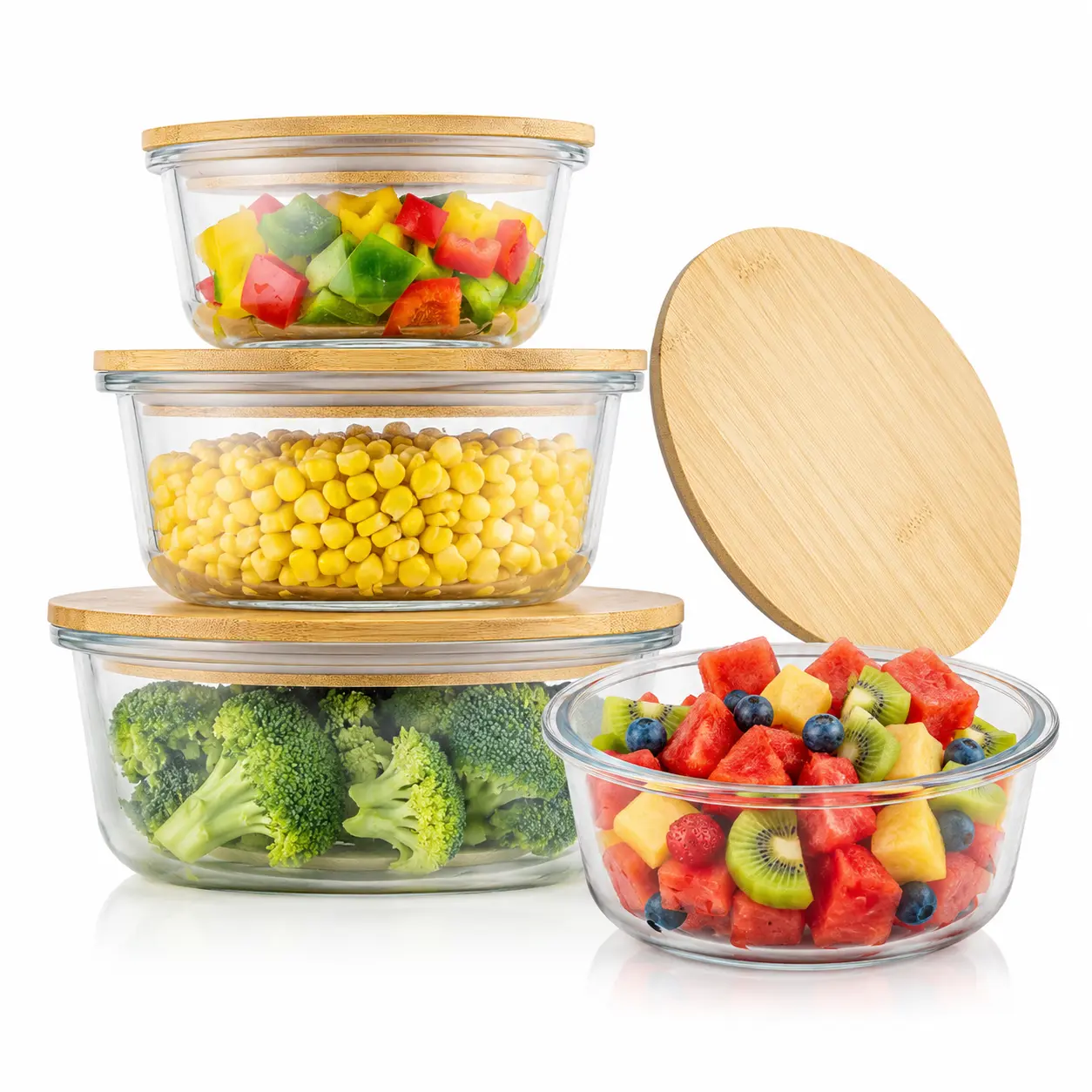 Bamboo Lid Glass Food Storage Containers, 3 Piece Round Variety Set with Lids, Assorted Sizes 35904 35905 35906