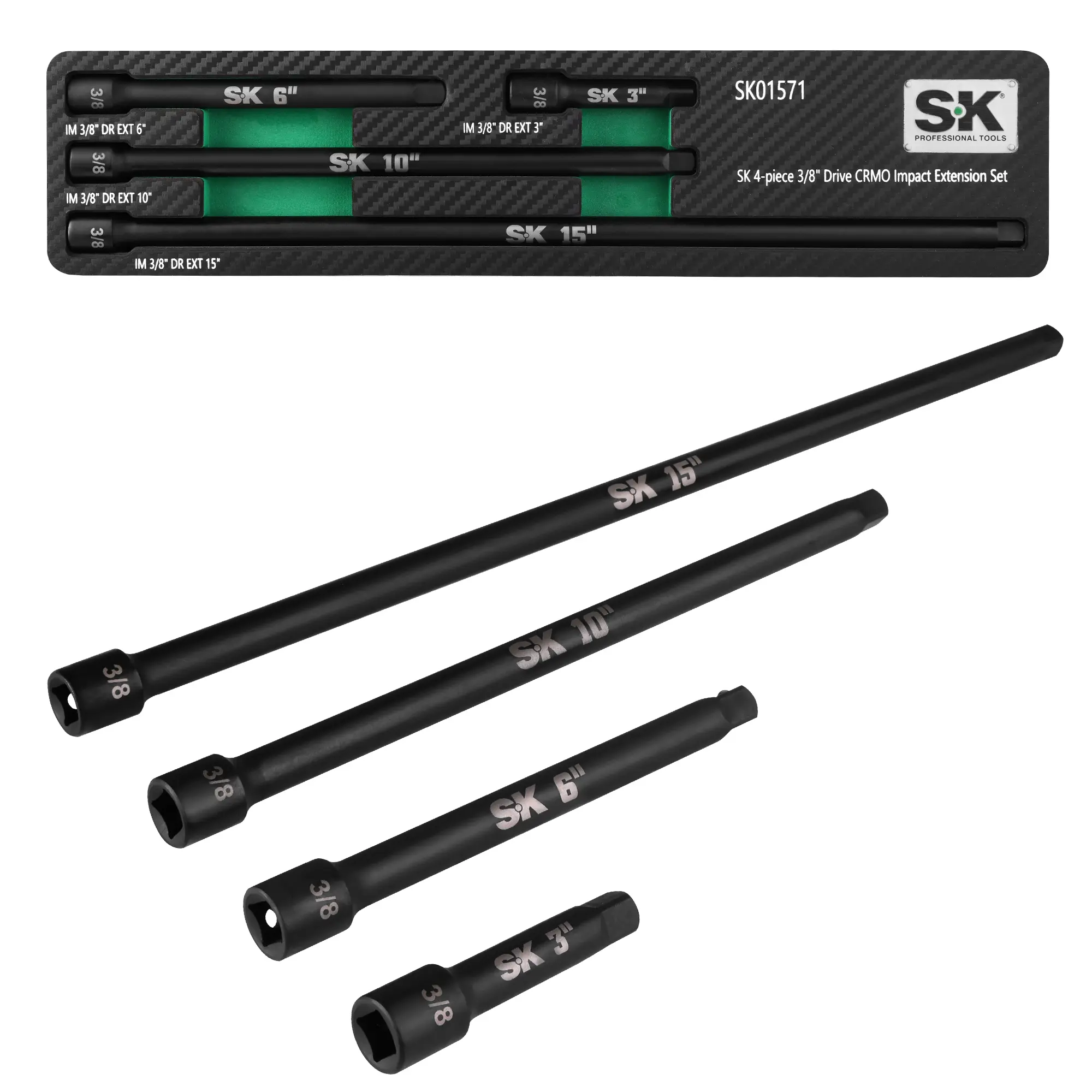 #fathersdaygift SK 4-Pack Impact Socket Extension Set, 3", 6", 10", 15" Extension Set, Premium Cr-Mo Steel with Black Manganese Phosphate Coating