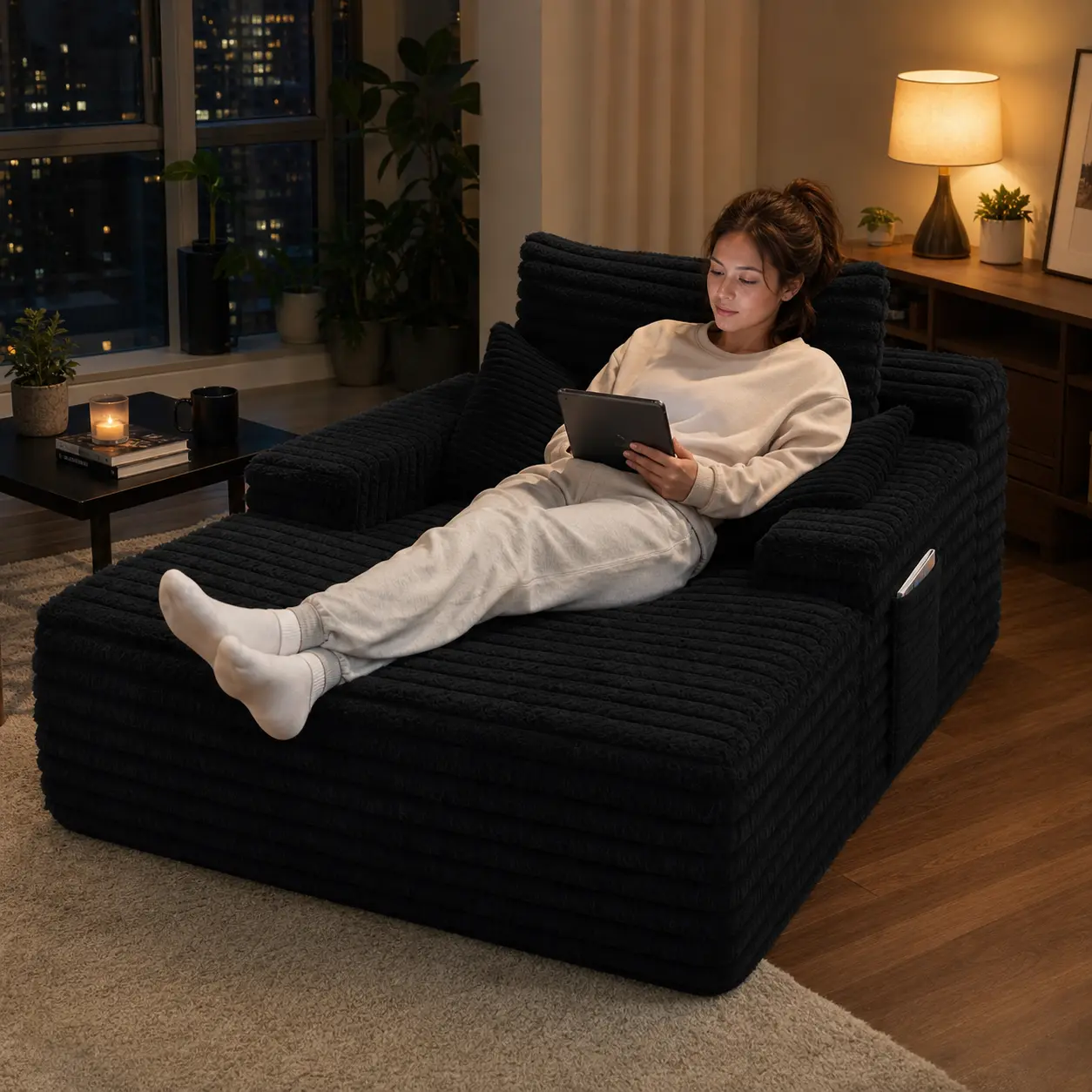 47.2" Wide Oversized Plush Chaise Lounge Floor Chair - No-Assembly Compressed Comfy Couch, Ribbed Fabric, Side Pockets, 2 Pillows for Bedroom Reading, Watch Party Relaxation (Indoor Furniture), Large Back Pillow