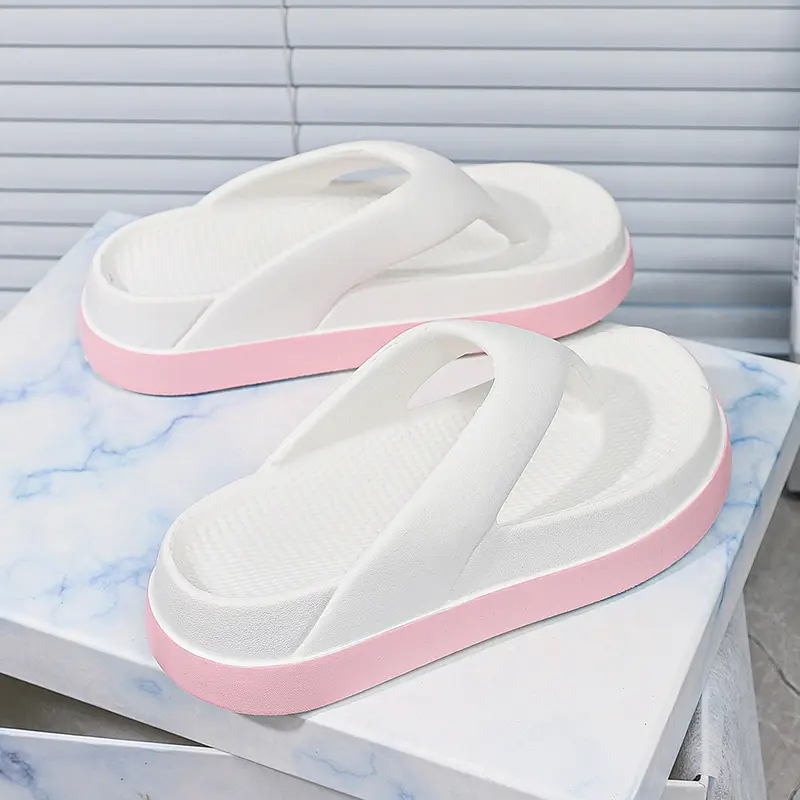 Women's Thick Sole Flip Flops, Soft Cushion EVA Sandals in White Pink Color Block, Non-Slip for Summer Beach & Home, Flipflop, Sandals For Women