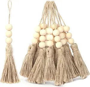 20 Pack Tassel with 3 Wood Beads, Hemp Rope Burlap Tassels for Christmas Tree DIY Craft Wood Beads Garland Project Wedding Home Party Decorations