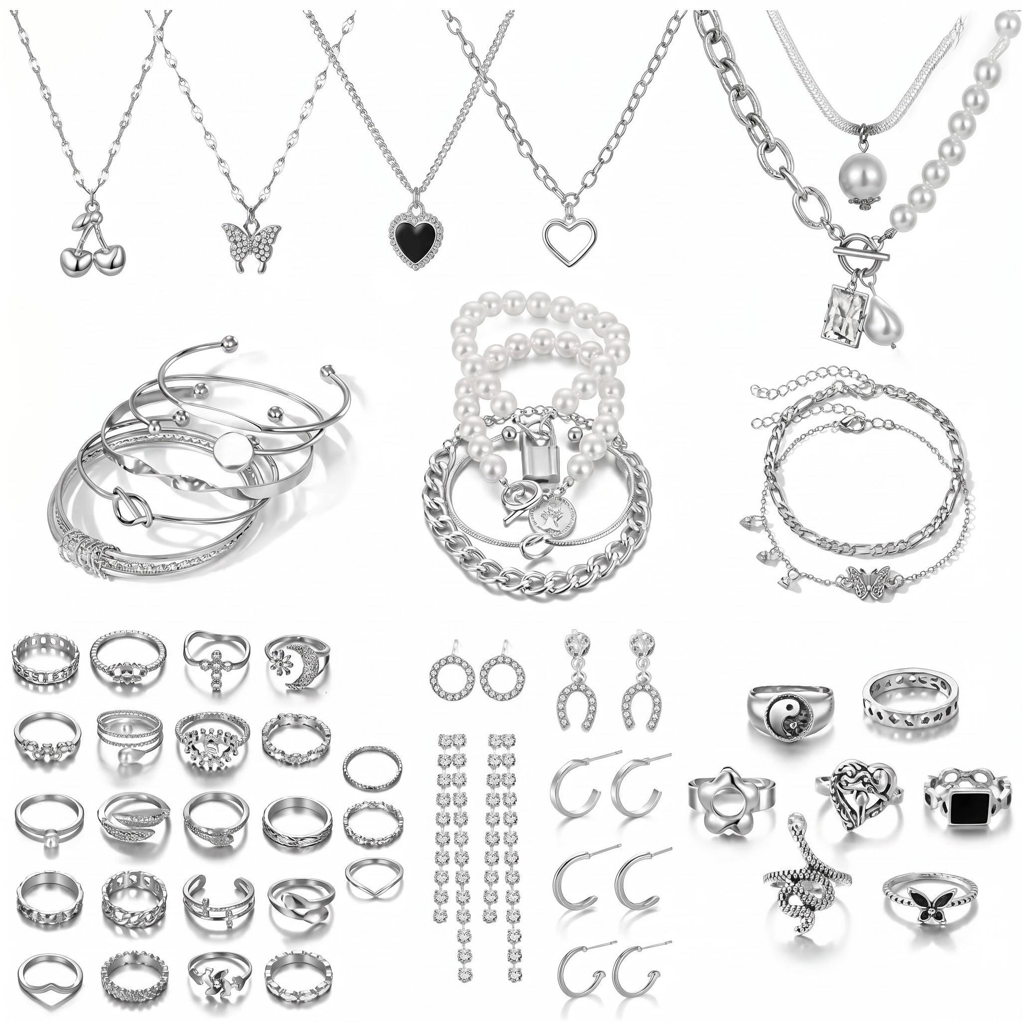 69 Pieces Gold Layered Alloy Jewelry Set, Dainty Multi-Layer Necklace Bracelet Earring Combo for Women, Geometric Rhinestone Accent Outfit Accessories for Daily Party Gifting Jewellery Gift Set