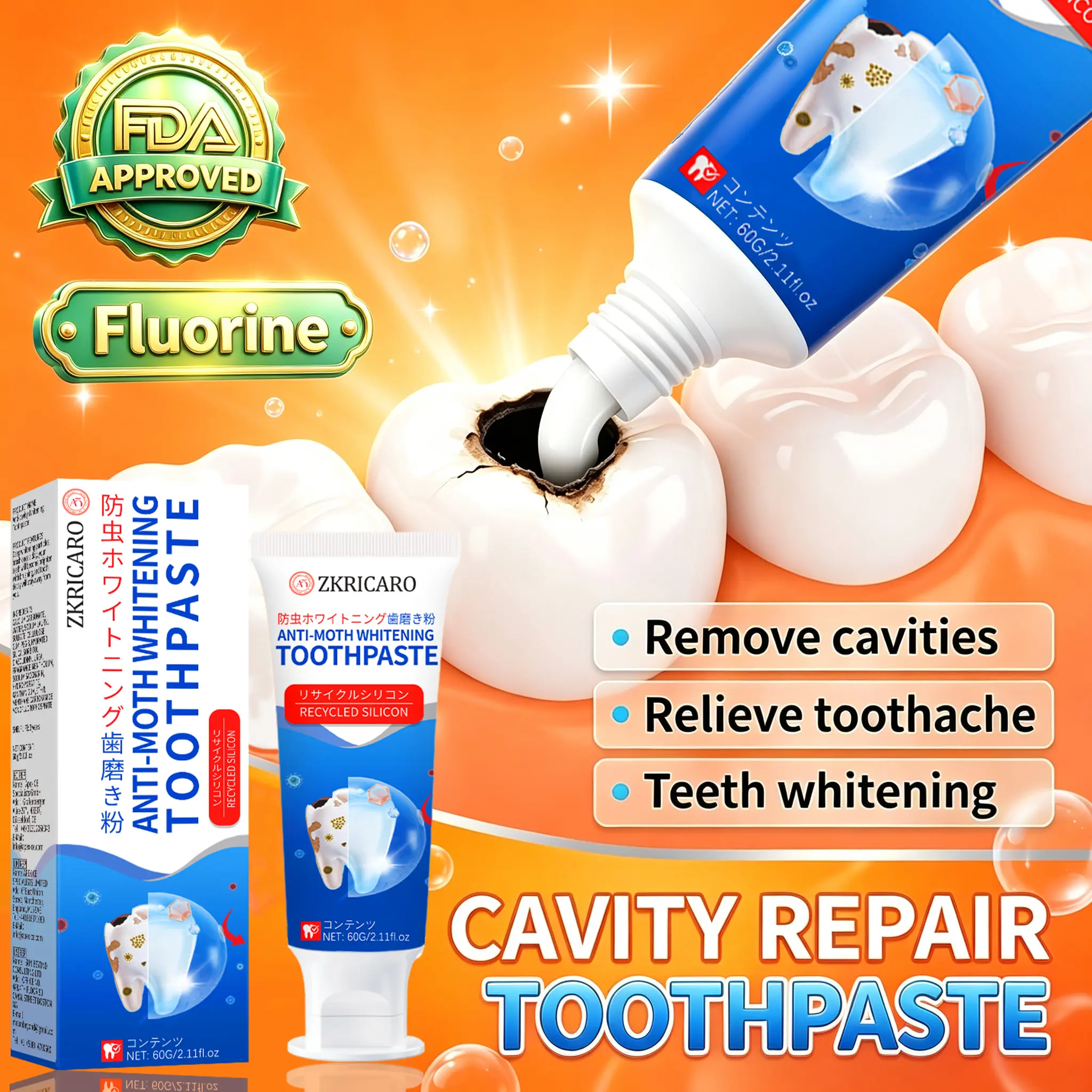 ZKRICARO ANTI-MOTH WHITENINGTOOTHPASTE - Intensive Cavity Shield & Advanced Enamel Repair Fluoride Gel, Pain Free Whitening, Deep Stain Removal Serum, 60g Oral Antibacterial Daily Gentle Herbal Mint